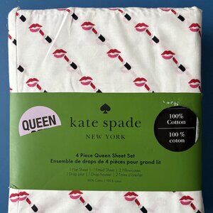 NEW Kate Spade Red Lipstick Queen Size Sheet Set 100% Crisp Cool Cotton